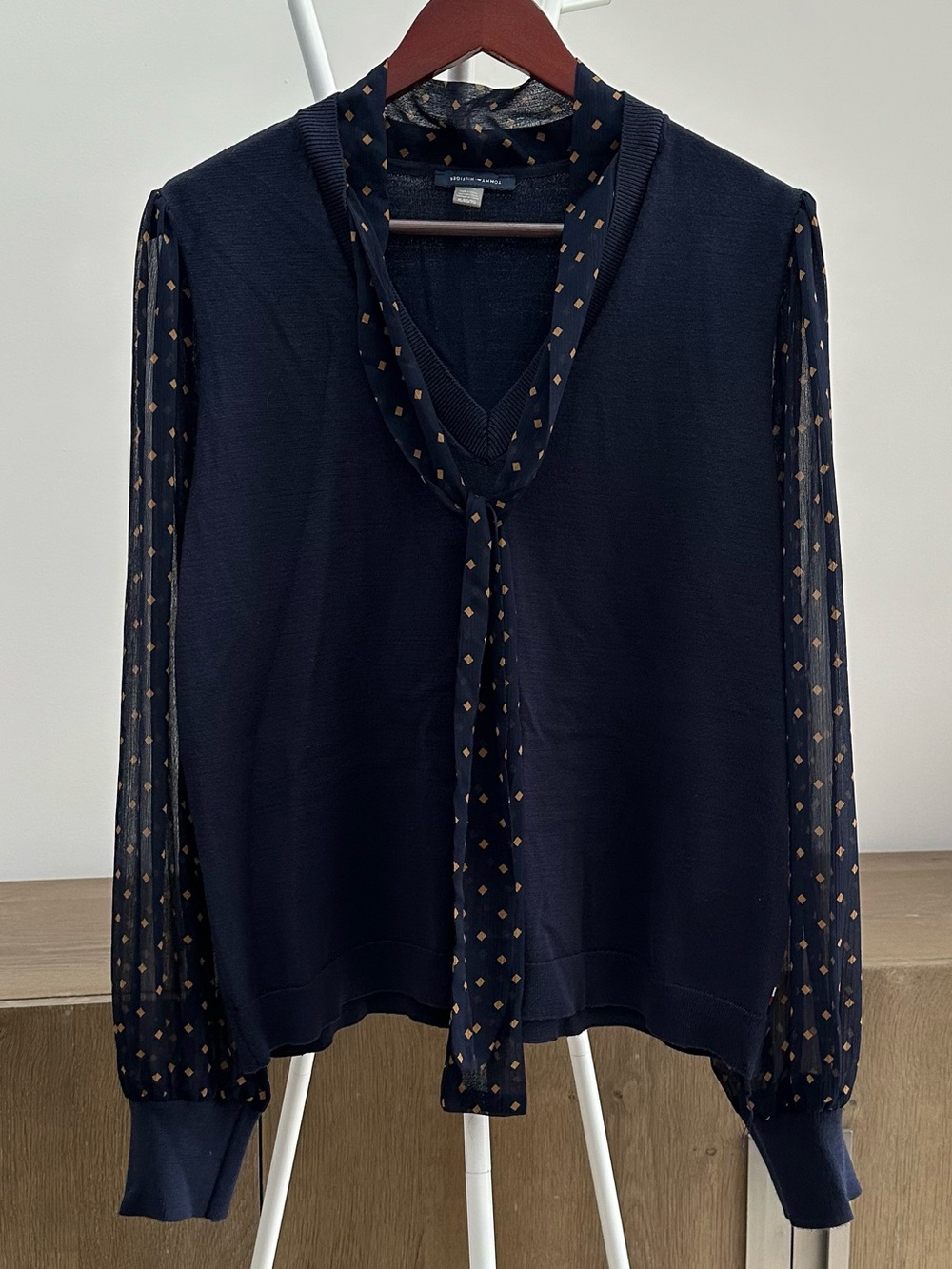 Tommy Hilfiger Navy Blue Sweater Blouse with Gold Dot Sheer Sleeves